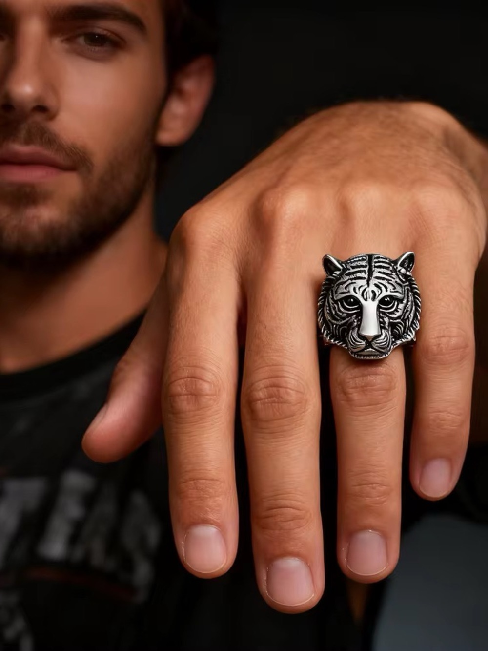 Silver Tiger Head Statement Ring - Bold Animal Design